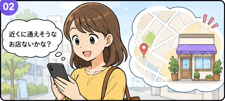 お客さまが「近くに通えそうなお店ないかな?」とスマートフォンで探している様子