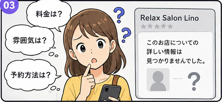料金や雰囲気、予約方法を知りたいお客さまが、店舗の詳しい情報を見つけられずに困っている様子